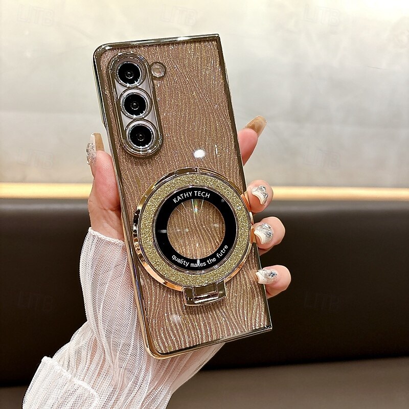 Phone Case For Z Fold 7 Z Fold 6 Z Fold 5 Z Fold 4 Z Fold 3 Back Cover with Stand Holder Support Wireless Charging Bling Glitter Shiny Retro TPU Plating3