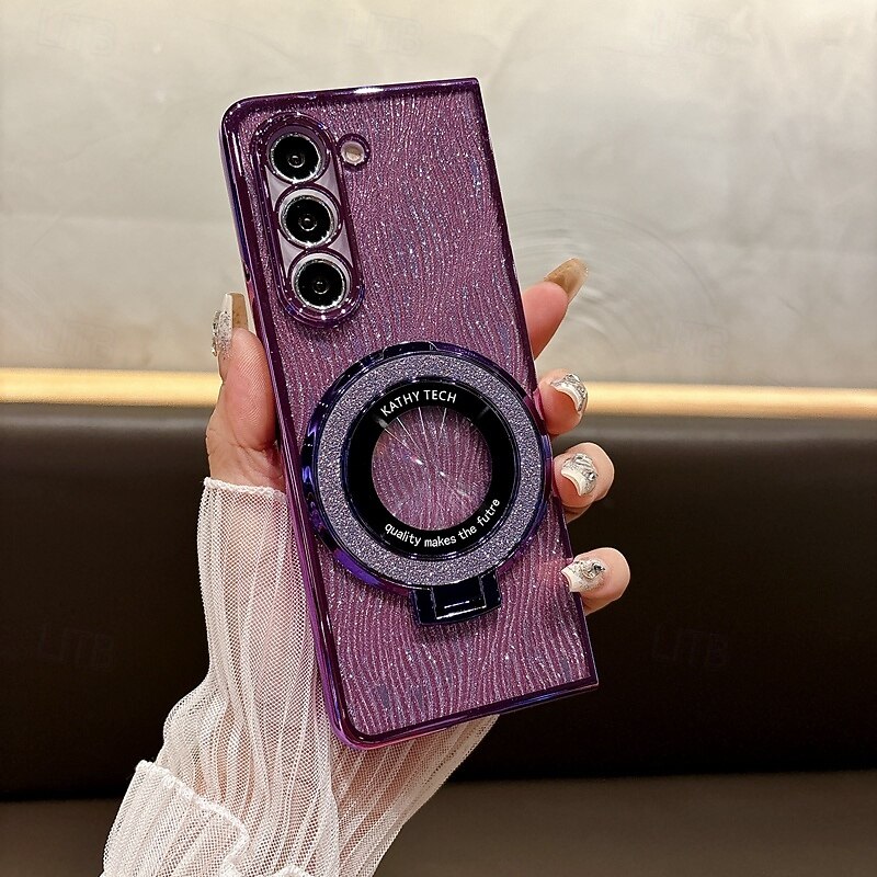 Phone Case For Z Fold 7 Z Fold 6 Z Fold 5 Z Fold 4 Z Fold 3 Back Cover with Stand Holder Support Wireless Charging Bling Glitter Shiny Retro TPU Plating2