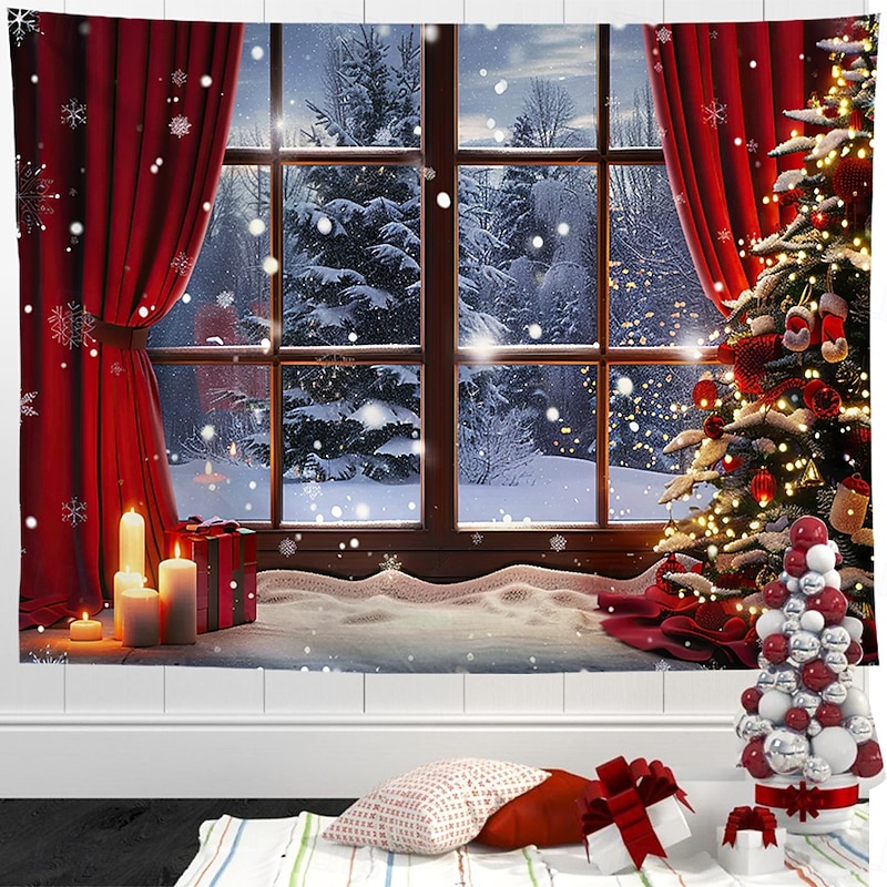 Christmas Decorations Hanging Tapestry Wall Art Xmas Outside Window Large Tapestry Mural Decor Photograph Backdrop Blanket Curtain Home Bedroom Living Room Red Curtain3