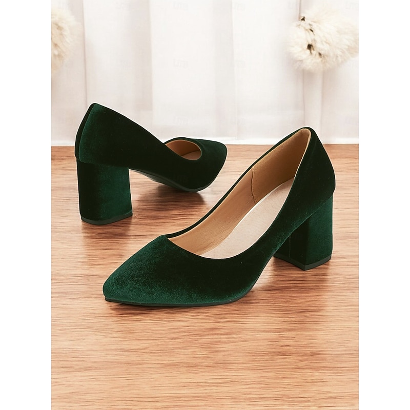 Women's Elegant Green Velvet Block Heel Pumps - Pointed Toe Dress Shoes for Office, Parties, and Formal Events2