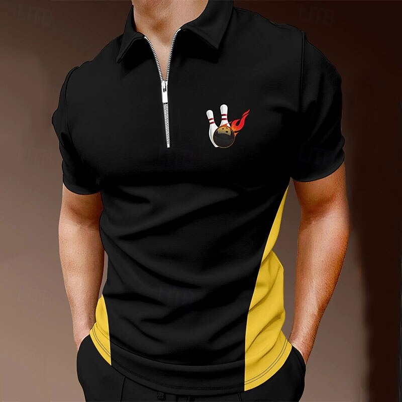 Men's Bowling Ball Sports Polo Shirts Golf Shirt Short Sleeve Polo Shirts Collared Shirts Casual Sportswear Vacation Wear 3D Print Quarter Zip Polo Black Yellow Blue