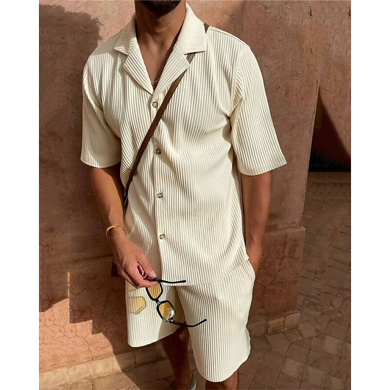 Men's Corduroy Shirt T-shirt Suits 2 Pieces Outfits Tee & Shorts Short Sleeve Lapel Summer Plain Fashion Casual 2 Piece Vacation Daily Wear Going out Black Pink Blue Top Tee for Men4