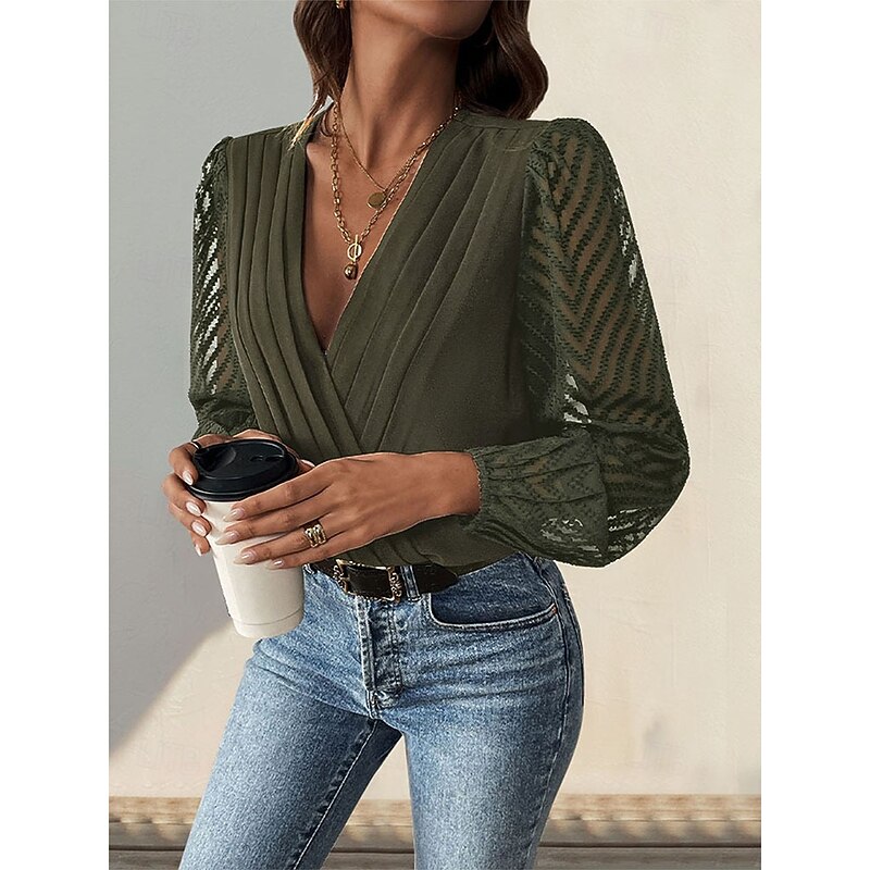 Women's Normal Playsuit Stylish Solid Color Long Sleeve V Neck Party Work Regular Fit Black Red Green Spring4