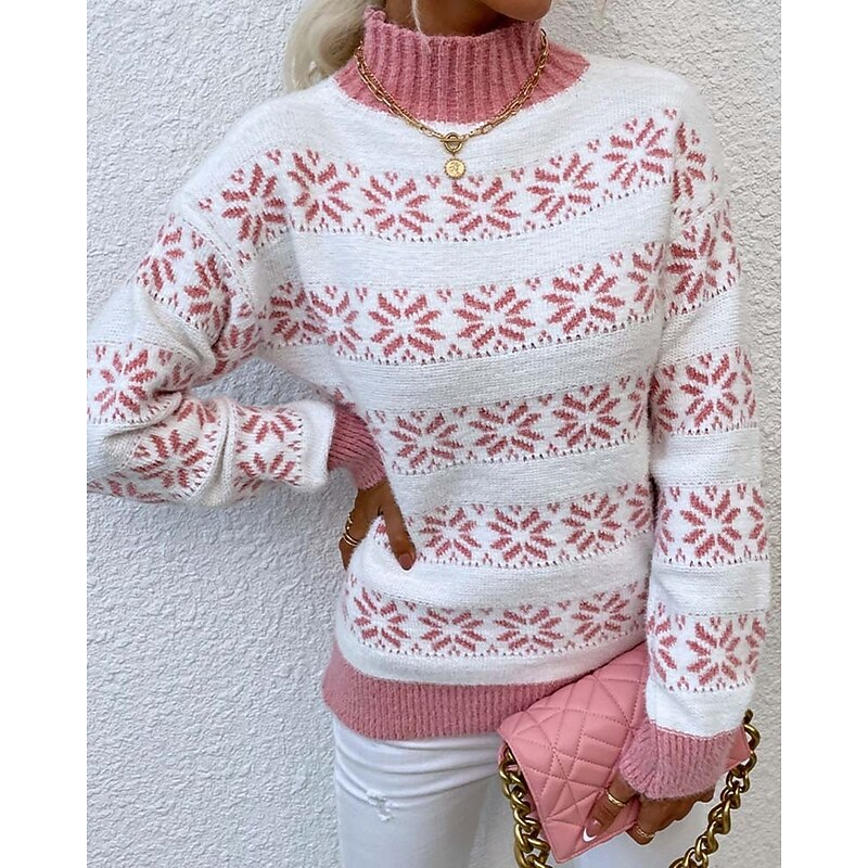 Women's Knitted Snowflake Sweater High Neck Long Sleeve Ribbed Texture White Light Blue Winter Festive Holiday Regular Fit Clothing Apparel3