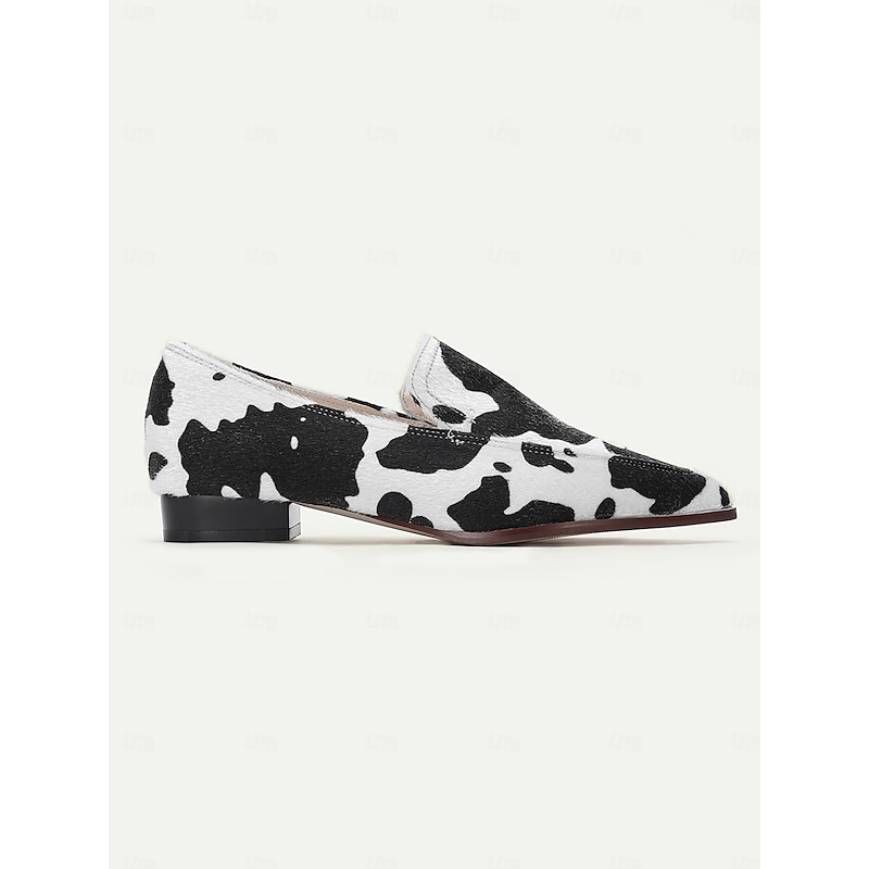 Women's Cowhide Pattern Faux Leather Loafers – Stylish Black & White Slip-On Flats for Casual and Office Wear4