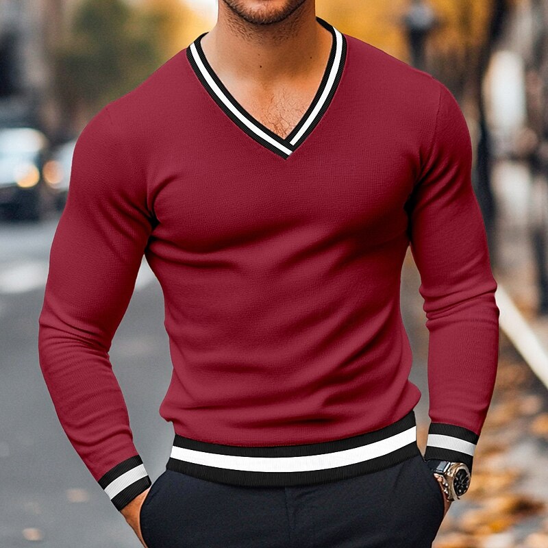 Men's T Shirt Knit Tee Long Sleeve V Neck Winter Spring &  Fall Solid Color Knitwear V Neck Casual Daily Black White Yellow Top Tee for Men