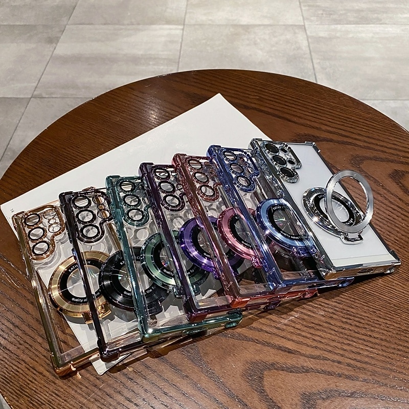 Phone Case For S25 S24 S23 S22 Plus  Ultra S23 FE Back Cover with Stand Holder Magnetic Support Wireless Charging Retro TPU PC