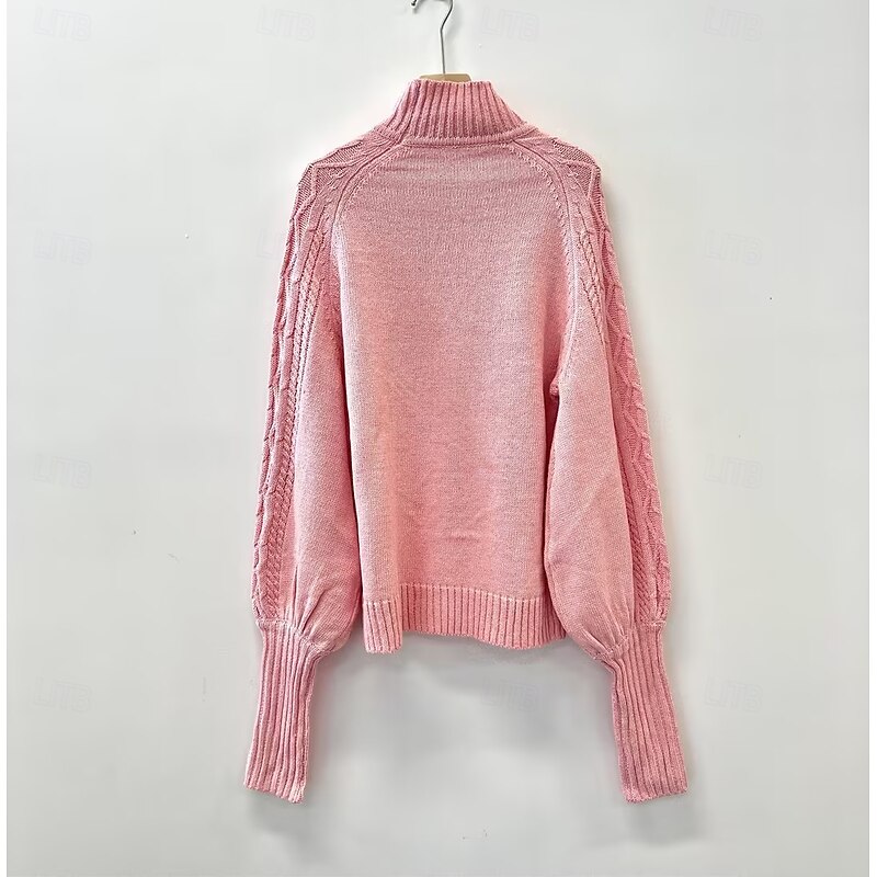 Women's Pink Sweater Mock Neck Cable Knit Fall Winter Work Elegant Fashion Daily Long Sleeve Textured Hot Pink Red3