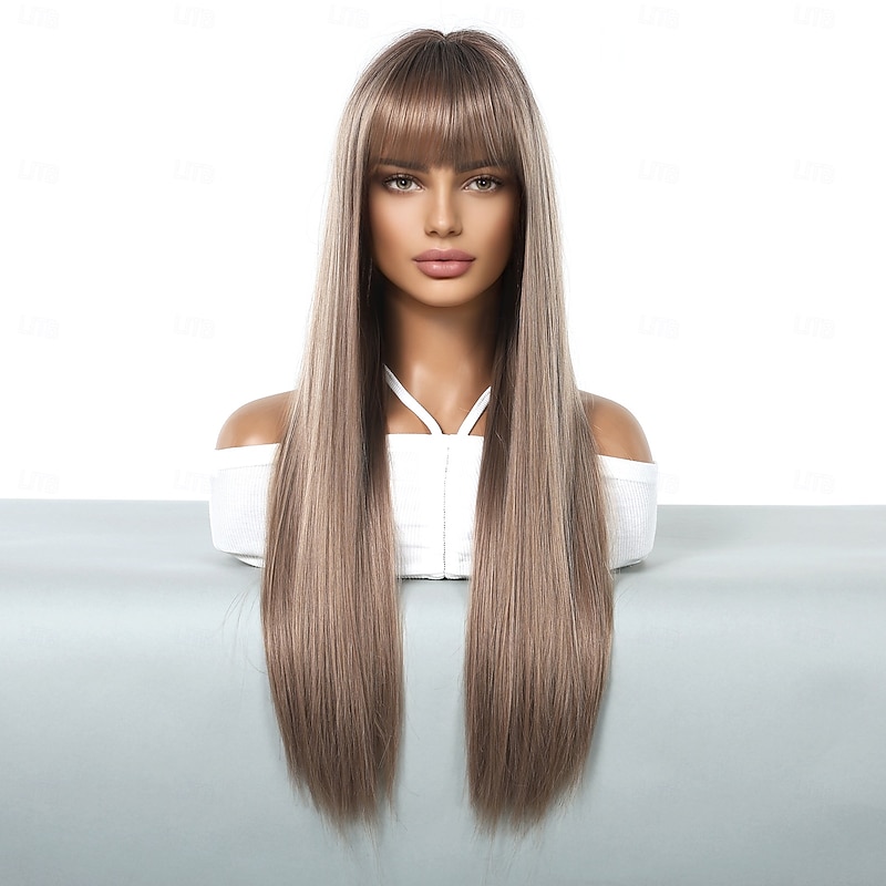 Synthetic Wig Uniforms Career Costumes Princess Straight kinky Straight Middle Part Layered Haircut With Bangs Machine Made Wig 26 inch Rose Gold Synthetic Hair Women's Cosplay Party Fashion Light2
