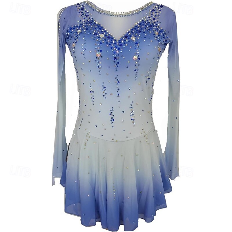Figure Skating Dress Women's Girls' Ice Skating Dress Blue Patchwork Mesh High Elasticity Training Competition Skating Wear Classic Crystal / Rhinestone Long Sleeve Ice Skating Figure Skating