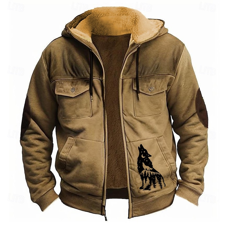 Men's Wolf Fleece Hoodie Hoodies Fashion Cool Long Sleeve Hooded Holiday Streetwear Black Red Zipper Pocket Fall Winter Designer