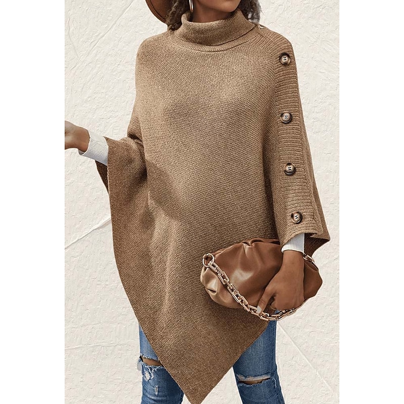 Women's Cape Daily Casual Solid Color Turtleneck Knitted 3/4 Length Sleeve Regular Tops Knit Formal Outdoor Work Pink Brown Fall Winter