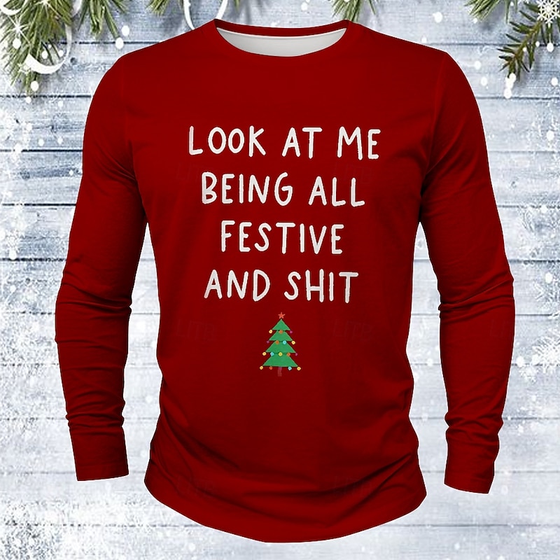 Christmas Men's Tree Funny Slang T Shirt Long Sleeve T shirt 3D Print Crew Neck Shirt Vacation Designer Street Casual Black White Red Summer Spring Fall Clothing Apparel S M L XL XXL XXXL