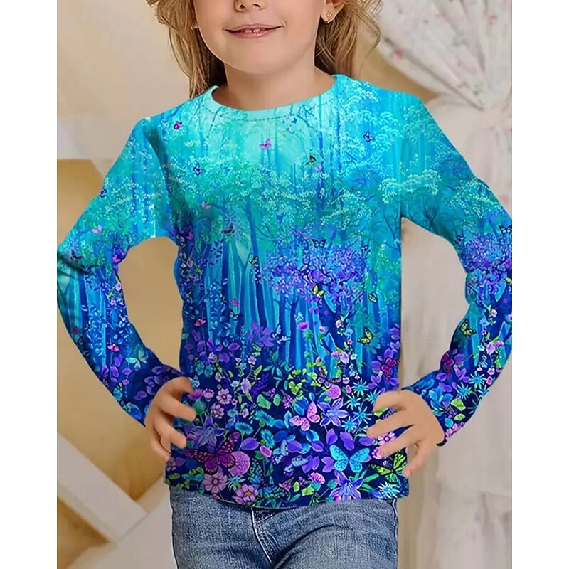 Easter Girls' 3D Floral Graphic Butterfly T shirt Tee Long Sleeve Spring Fall Fashion Basic Kids 4-12 Years Crew Neck Outdoor Casual Daily Regular Fit