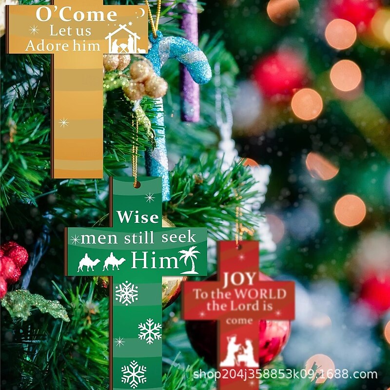 24/48pcs/set Wooden Christmas Ornaments, Hanging Wooden Cross Decorations, Xmas Tree, Fireplace, Window Pendants, Christmas Party Supplies, Holiday Gift Set Decor3