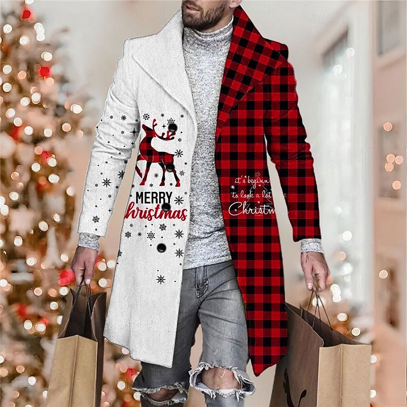 Christmas Outerwear Men's Coat Going out Fall & Winter Turndown Long Sleeve Yellow Red Blue M L XL