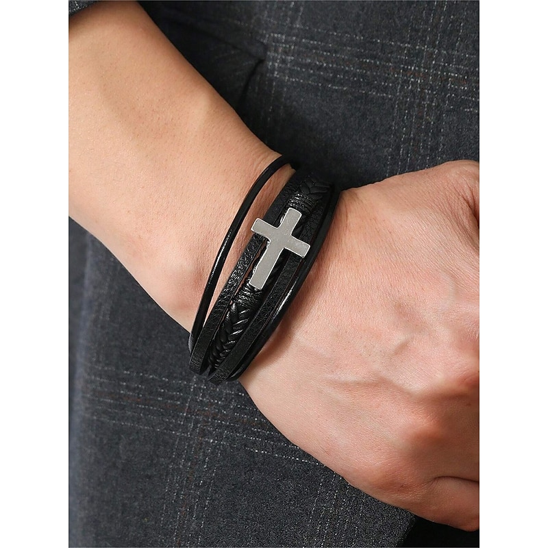 Men's Black Leather Bracelet with Silver Cross – Christian Religious Wristband, Adjustable Magnetic Clasp2