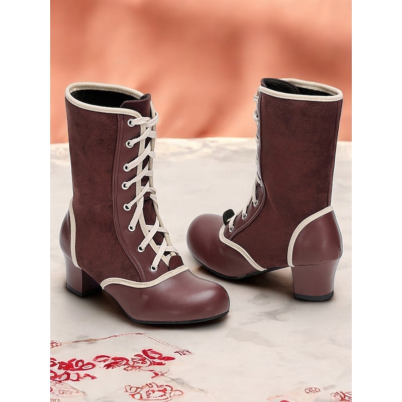 Women's Vintage Lace-Up Mid Heel Boots in Teal with Faux Suede and Faux Leather Panels – Ideal for Retro-Inspired Fashion, Cosplay, or Victorian-Style Costumes3