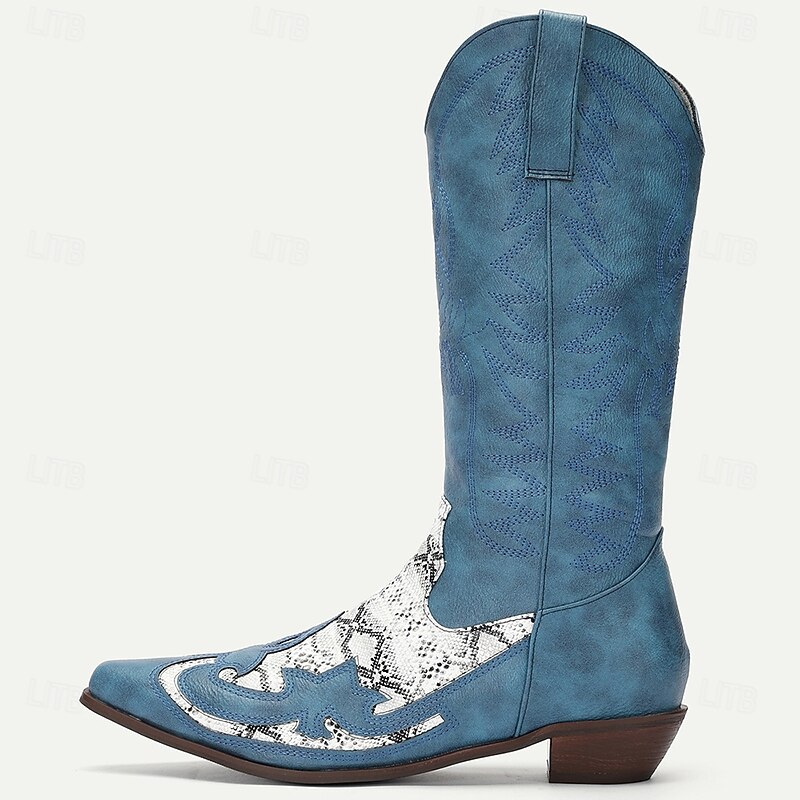 Men's Blue Faux Suede Cowboy Boots with White Snakeskin Accents and Embroidered Design - Western-Style Boots for Rodeo and Outdoor Wear3