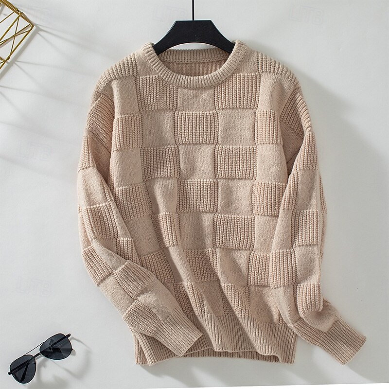 Women's Sweater Fashion Daily Geometric Crew Neck Knitted Textured Long Sleeve Regular Tops Knit Work White Camel Fall Winter4