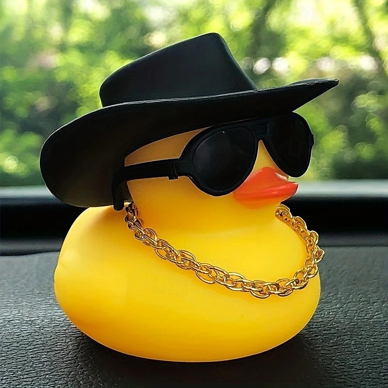Yellow Duck Dashboard Ornament - Car Styling Accessories with Cowboy Hat, Sunglasses, and Necklace - Unique Auto Internal Decoration 2025 - $3