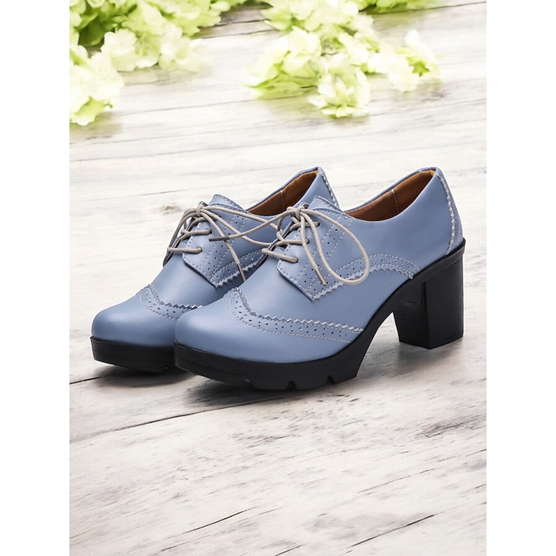 Women's Light Blue Lace-Up Brogue Chunky Heel Oxford Shoes – Vintage-Inspired Platform Heels for Casual and Office Wear3
