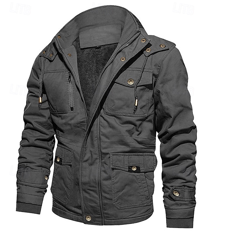 Men's Winter Jacket Fleece Jacket Casual Jacket Daily Vacation Thermal Warm Pocket Fleece Fall & Winter Plain Fashion Streetwear Hooded Regular Black Navy Blue Khaki Army Green Dark Gray Jacket