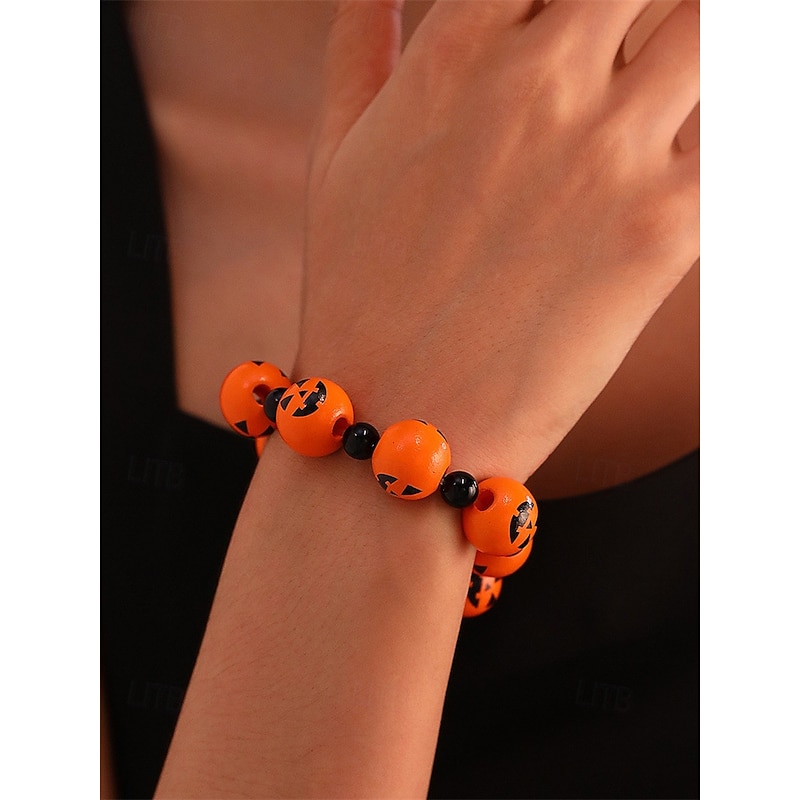 Men's Women's Halloween Pumpkin Beaded Bracelet – Festive Stretch Bracelet with Orange and Black Jack-O'-Lantern Beads2
