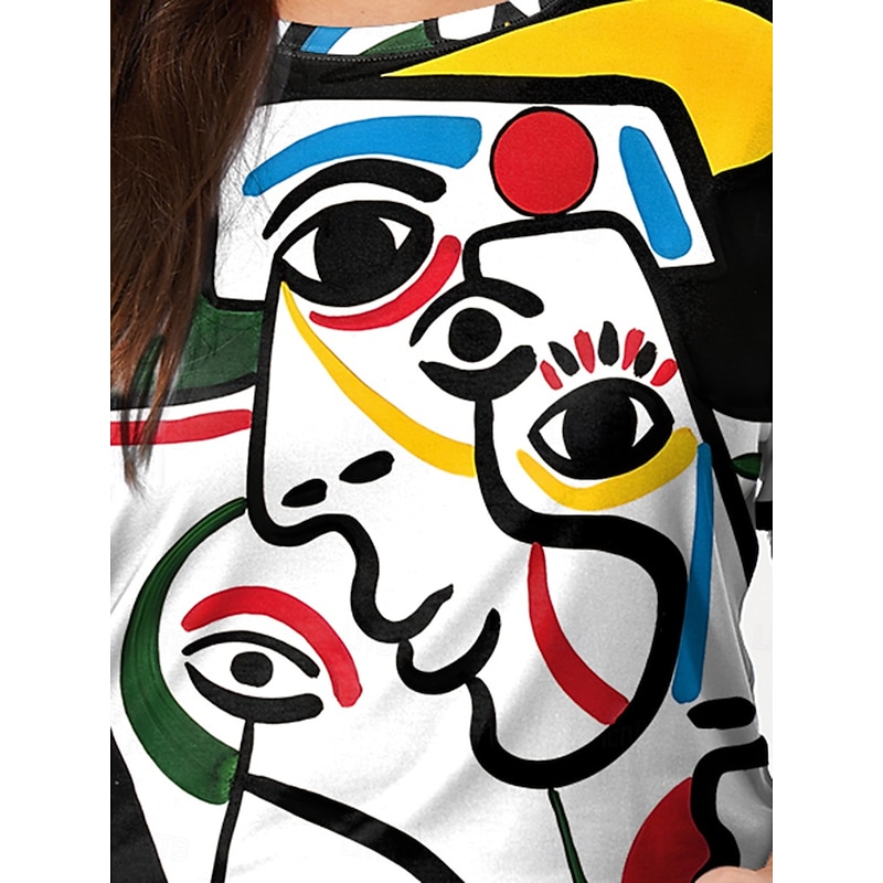 Women's Plus Size Tops T shirt Tee Abstract Print Long Sleeve Crew Neck Casual Daily Fall Winter White Pink3