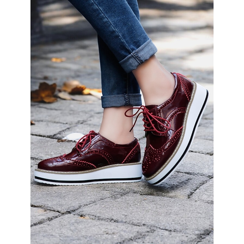 Women's Burgundy Patent Leather Oxford Platform Shoes – Brogue Detailing with Lace-Up Design and Elevated Sole for Casual and Formal Wear