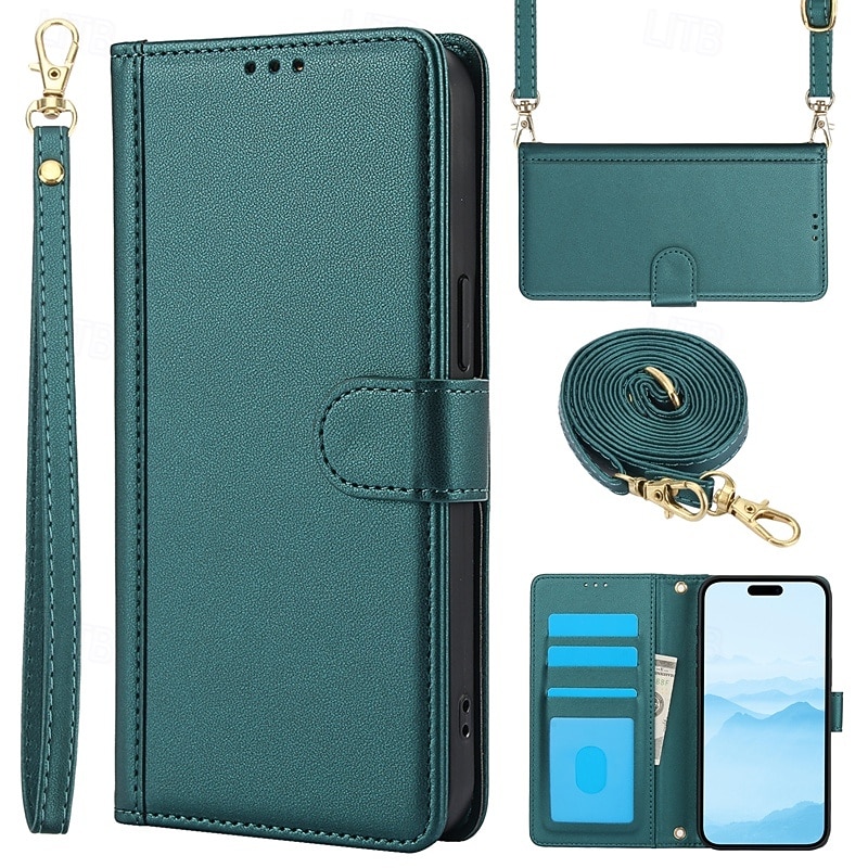 Phone Case For iPhone 16 15 14 Pro Max Plus 13 12 11 Pro Max Wallet Case Full Body Protective with Lanyard with Wrist Strap Retro TPU PU Leather