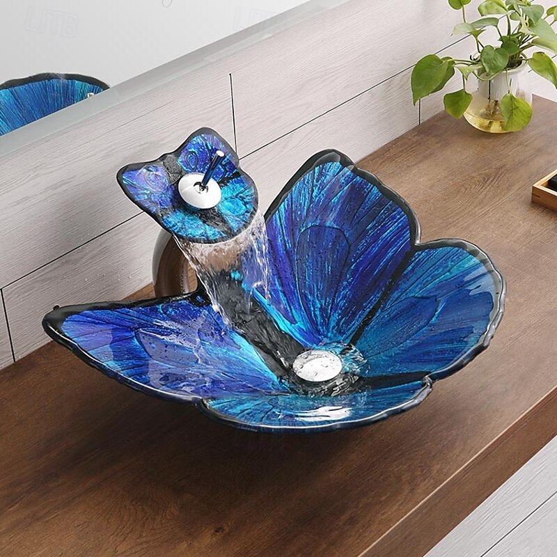 Bathroom Vessel Sink Butterfly Shape Artistic Tempered Glass Vessel Sink Vessel Bowl Sink Countertop Vanity Vessel Sink with Waterfall Faucet and Pop Up Drain Combo