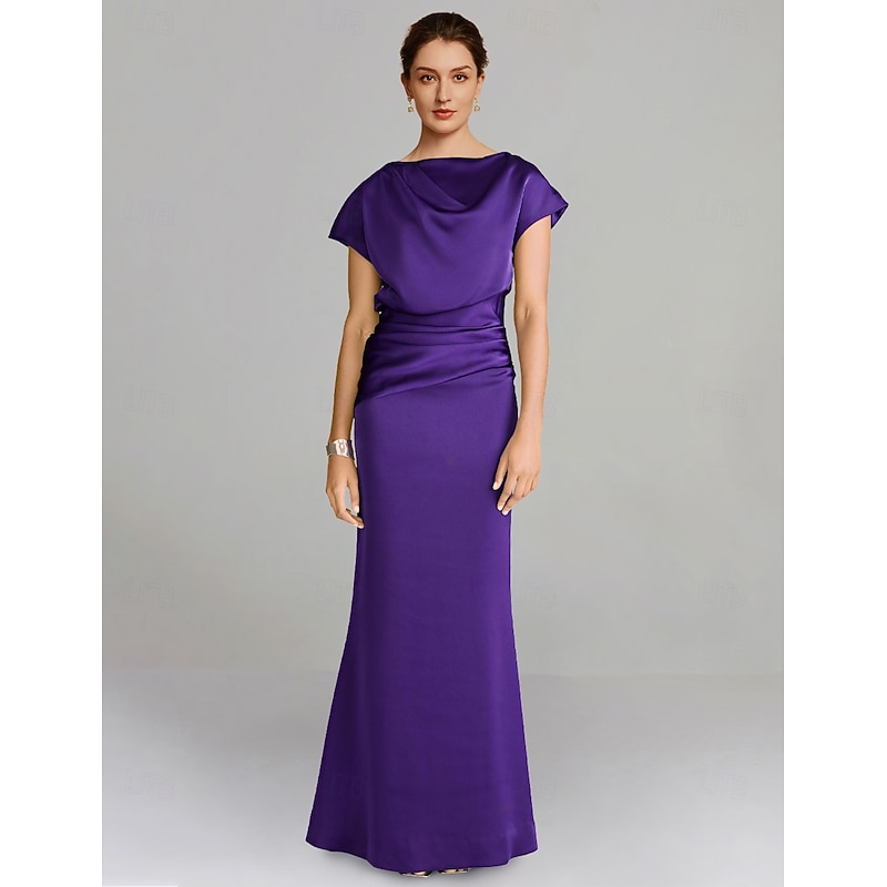 Sheath Dress Mother of the Bride Dress Formal Elegant Off Shoulder Floor Length Satin Short Sleeve with Ruched Solid Color