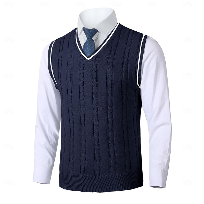 Men's Sweater Vest Pullover Sweater Jumper Dress Sweater Knit Sweater Ribbed Cable Knit Regular Knitted Plain V Neck Keep Warm Modern Contemporary Daily Wear Going out Clothing Apparel Fall Winter 6