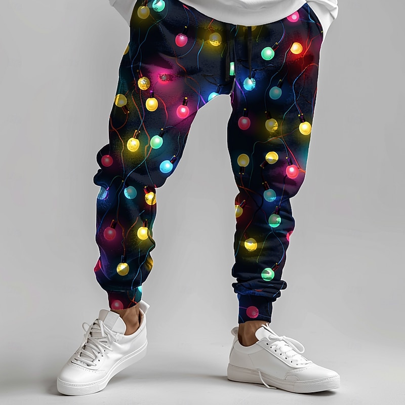 Christmas Men's Christmas Light Printed Sweatpants Lanterns Funny Joggers Trousers Pocket Mid Waist Drawstring Elastic Waist Party Evening Dailywear Spring Fall Winter 3D Print Regular Fit Inelastic