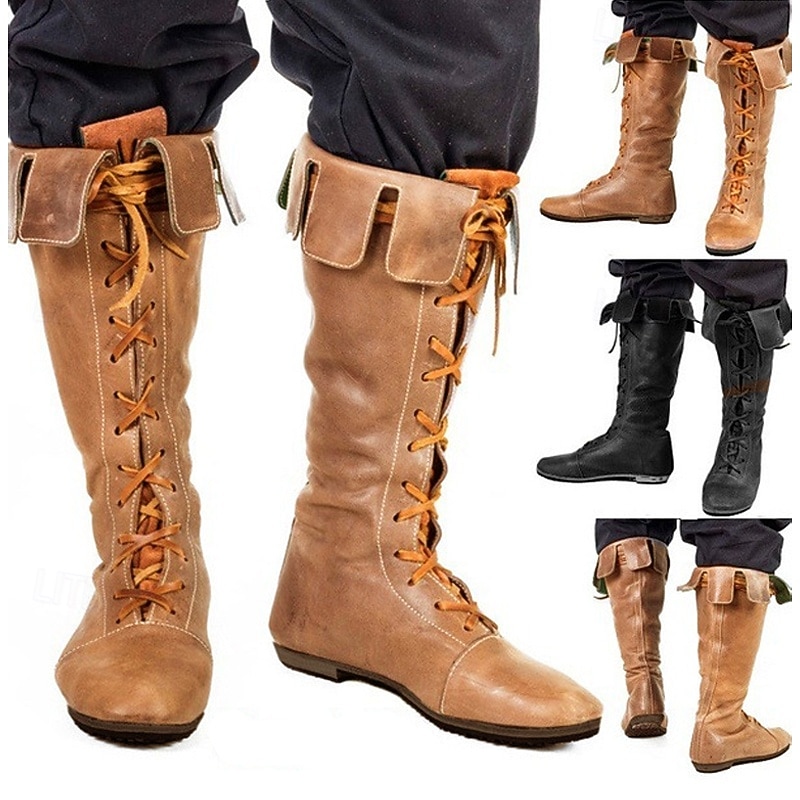 Men's Black Lace-Up Medieval Style Boots, Perfect for Cosplay, Renaissance Fairs, and Historical Reenactments