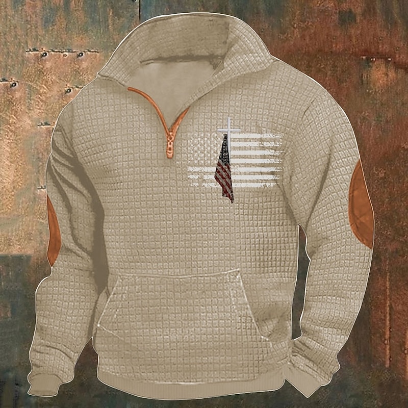 Men's Sweatshirt Waffle Sweatshirt Quarter Zip Sweatshirt Black Navy Blue Khaki Light Grey Gray Half Zip National Flag Patchwork Ribbed Front Pocket Sports & Outdoor Daily Holiday Polyester