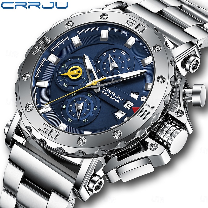 CRRJU Men Watch Top Brand Luxury Big Dial Stainless Steel Waterproof Chronograph Date Wristwatches 2294
