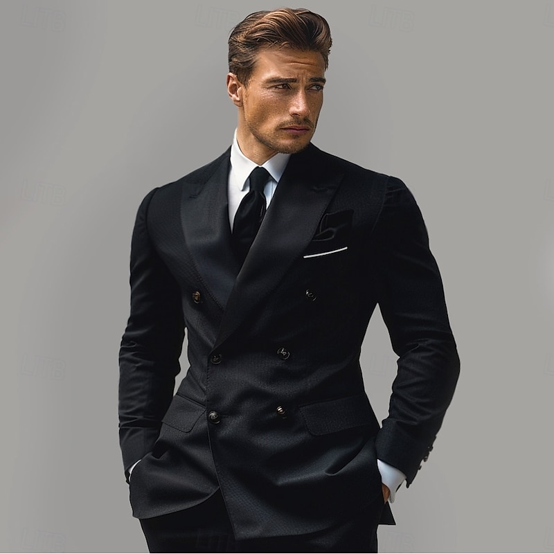 Men's Blazer Jacket School Formal Wedding Elegant Neutral Fall Winter Polyester Rayon Solid Color Double Breasted Blazer Black Navy Blue2