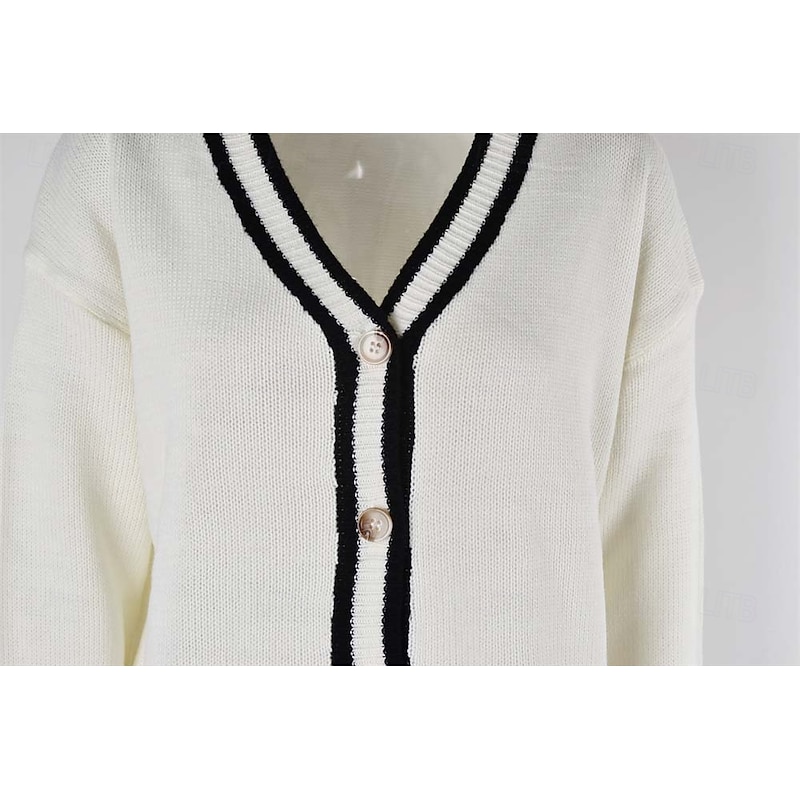 Women's Cardigan Fashion Streetwear Daily Color Block Open Front Knitted Long Sleeve Long Tops Knit Work White Navy Blue Fall Winter 10