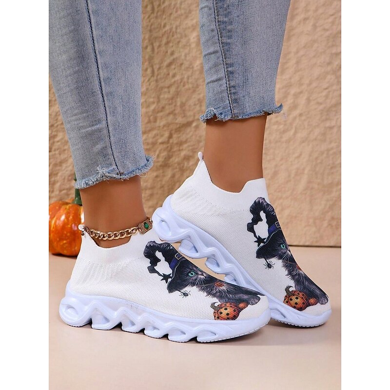 Women's Halloween-Themed Slip-On Sneakers with Cat Print – Comfortable Knit Shoes for Casual and Festive Wear4