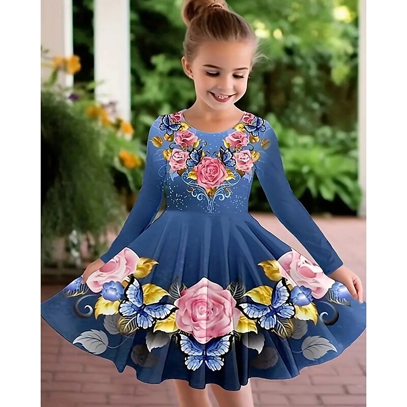 Easter Girls' 3D Rose Graphic Dress Long Sleeve Summer Spring Vacation Daily Holiday Princess Beautiful Sweet Kids 4-12 Years Casual Dress A Line Dress Knee-length Regular Fit