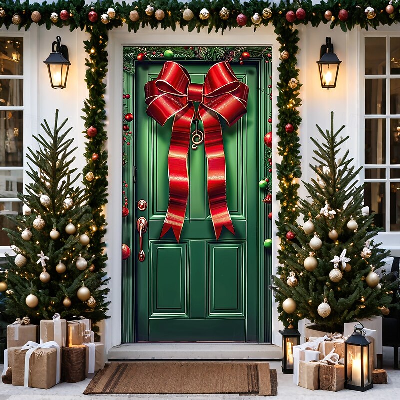 Christmas Door Decorations Door Covers Xmas Bow Tie Door Tapestry Door Curtain Decoration Backdrop Door Banner for Front Door Farmhouse Christmas Holiday Party Decor Supplies Ornaments Indoor/Outdoor 10