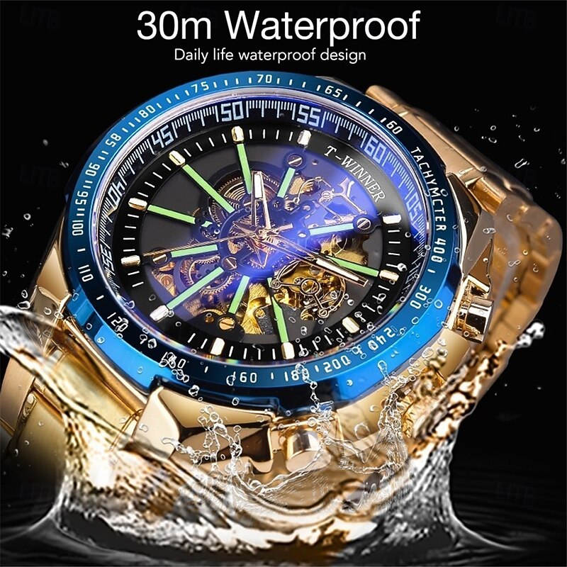 Winner Top Brand Automatic Mechanical Gold Watch Men Big Case Luxury Skeleton Luminous Military Business Blue Waterproof Watch3
