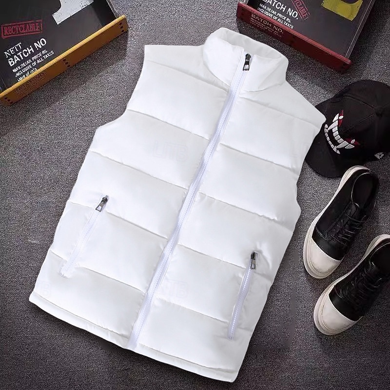 Men's Puffer Vest Vest Gilet Vacation Daily Date Fashion Casual Fall & Winter Pocket Polyester Thermal Warm Comfortable Plain Zipper Stand Collar Regular Fit Black White Red Blue Vest