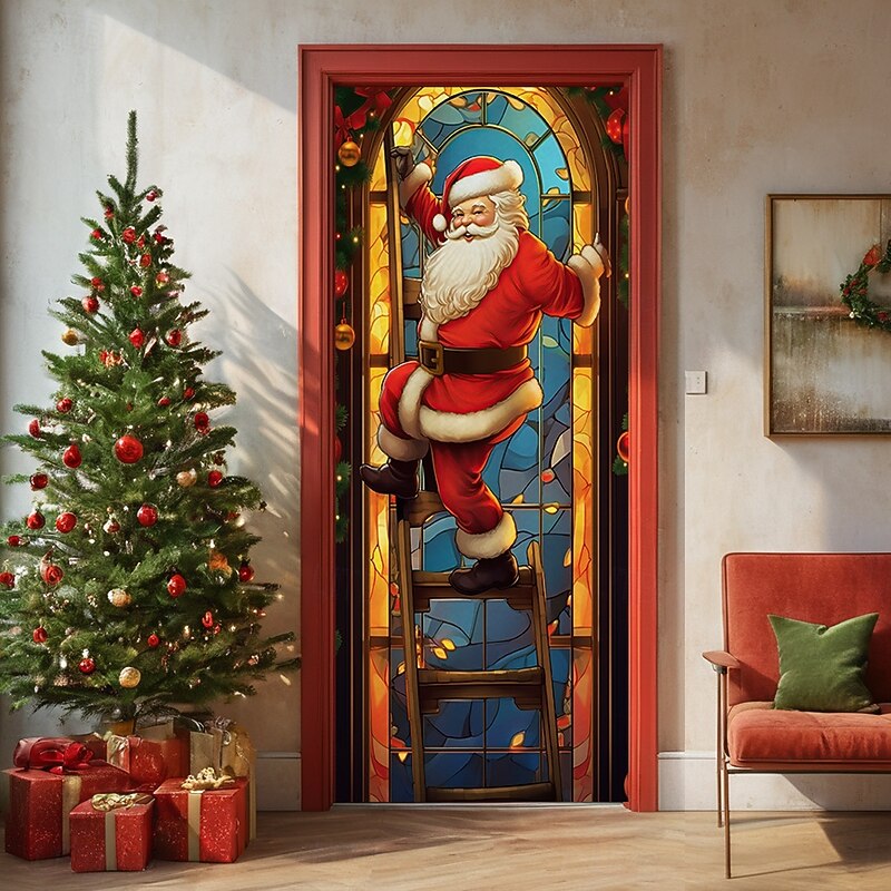 Christmas Door Decorations Door Covers Santa Claus Door Tapestry Door Curtain Stained Glass Decoration Backdrop Door Banner for Front Door Farmhouse Holiday Party Decor Supplies Indoor/Outdoor3
