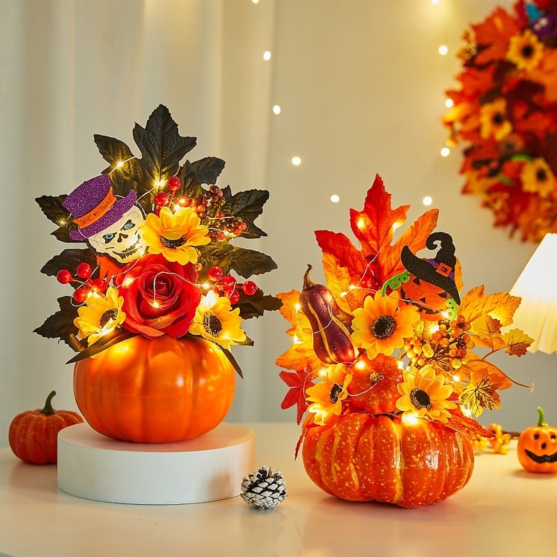 Halloween Fall Desktop Ornament with Faux Pumpkin, Maple Leaves and LED Light for Autumn Harvest Festival, Spooky Halloween Scene Decoration for Fall Home and Party Setup