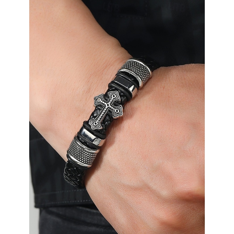 Men's Cross Bracelet with Gold and Silver Accents and Magnetic Clasp – Stylish Braided Wristband for Casual and Religious Wear2