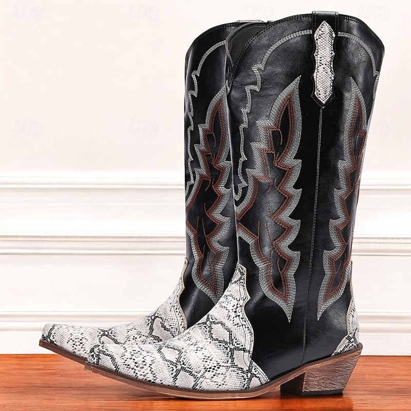 Men's Western Cowboy Boots – Black Faux Leather with Snake Print Accents, Embroidered Details, and Stacked Heel, Perfect for Rodeo, Country Events, and Casual Wear