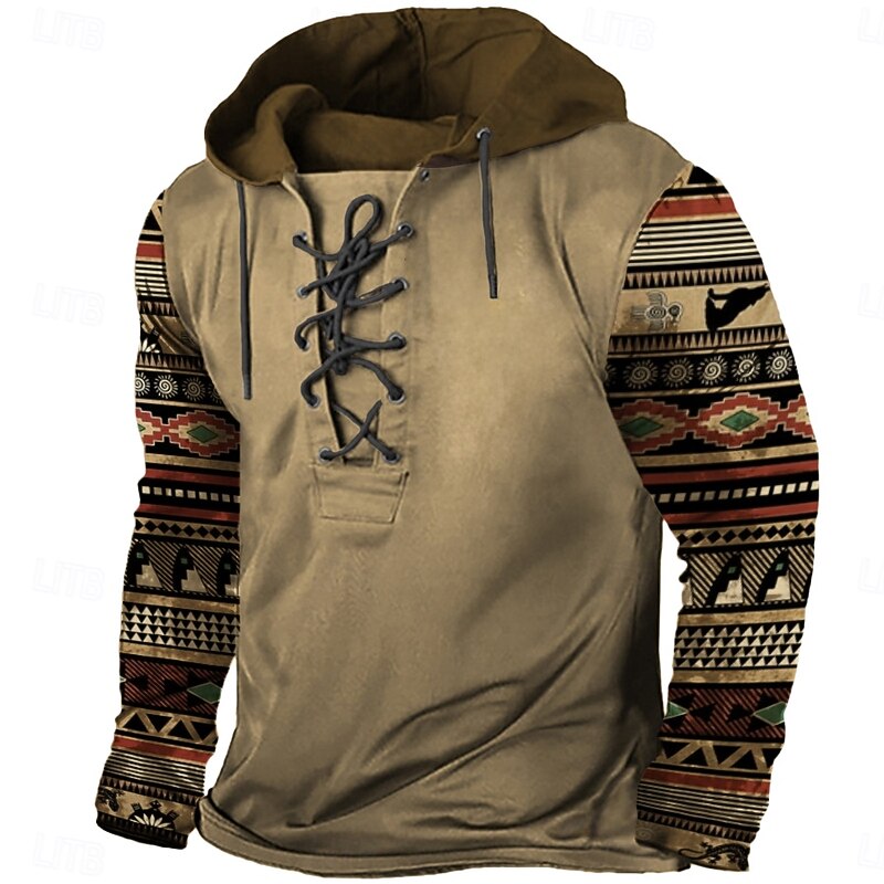 Men's Folk Hoodie Hoodies Sweatshirt Ethnic Cowboy Long Sleeve Hooded Holiday Streetwear Brown Drawstring 3D Print Fall Winter Designer
